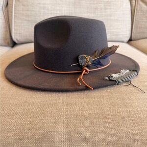 Men's Brown Felt Fedora with Leather Band and Feather Accent